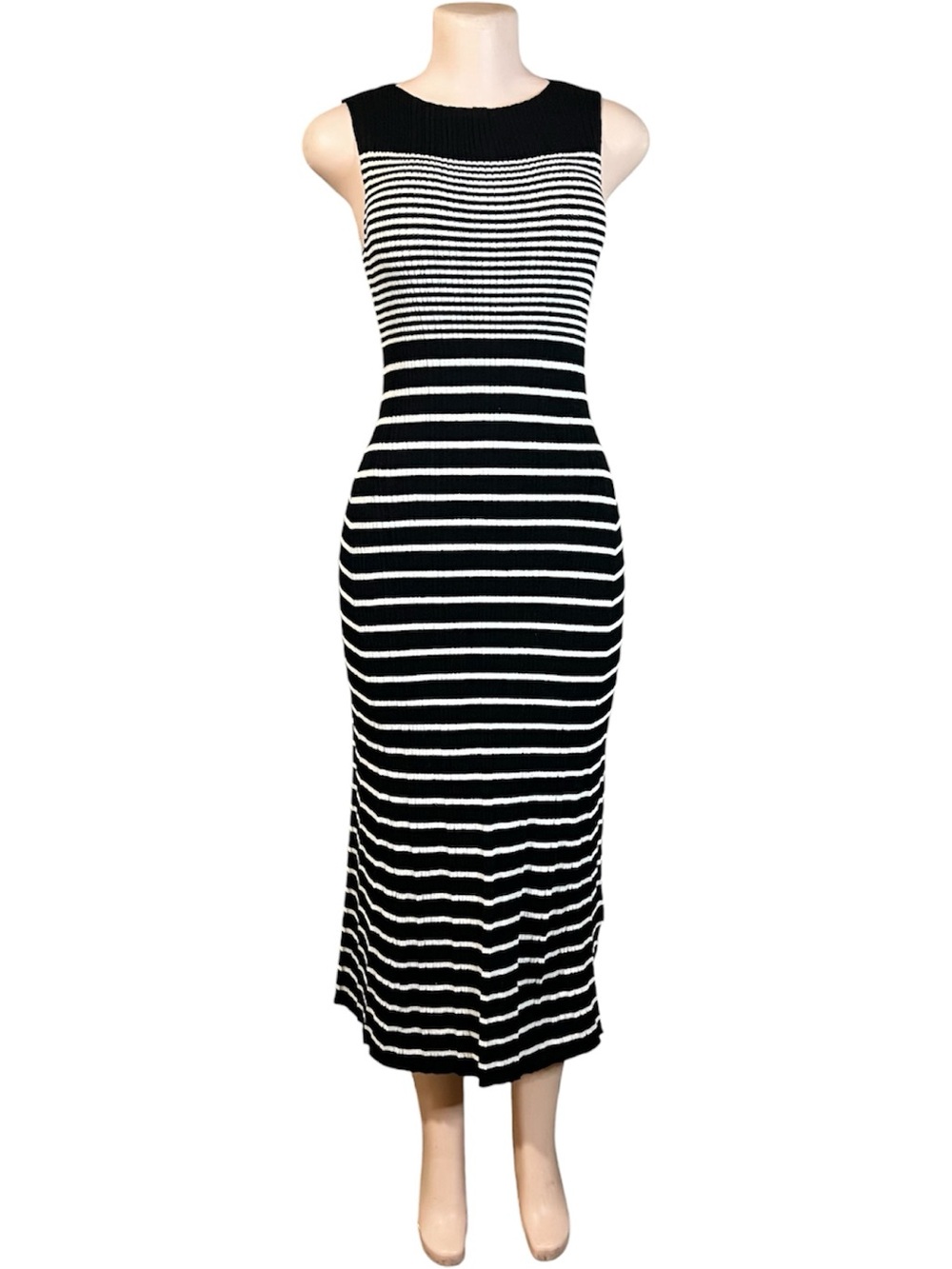 Black White Striped Maxi Dress Bodycon Knit Sleeveless Coastal Chic Size S